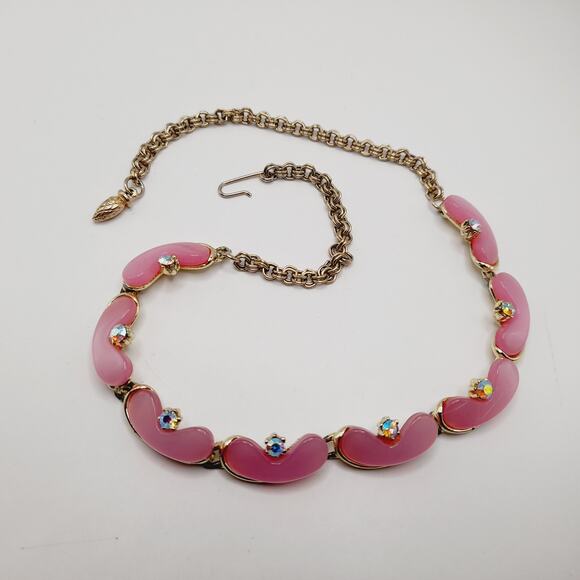 Vintage 1950s Pink Moon Glow Choker Necklace Gold Plated AB Rhinestones 17” - Picture 7 of 9